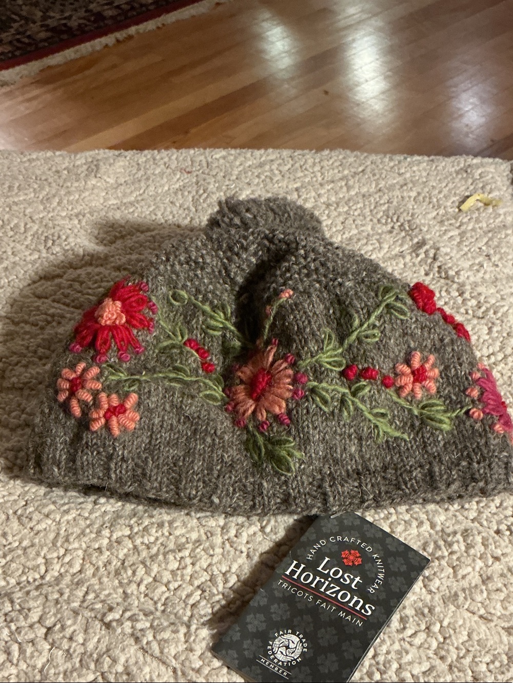 Brown Handcrafted Knit Beanie with Floral Embroidery